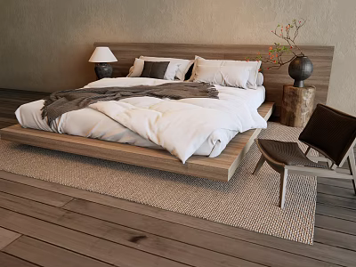 Double Bed with Wooden Frame White Gray Bedding Table Lamp Vase Chair in Natural Interior 3d model