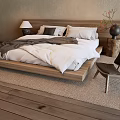 Double Bed with Wooden Frame White Gray Bedding Table Lamp Vase Chair in Natural Interior