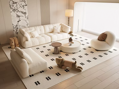 Cozy Modern Sofa And Coffee Table Set With Plush Armchair Patterned Rug And Floor Lamp 3d model
