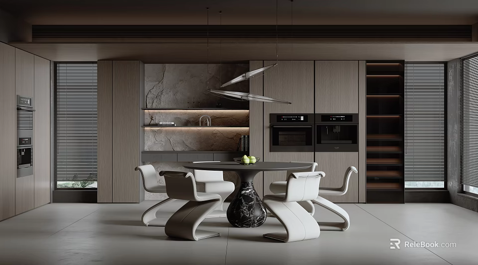 Modern Restaurant Interior With Open Kitchen Marble Counter Dining Table And Pendant Lights 3d model