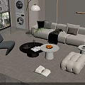Modern Sofa Coffee Table Set With Beige Couch Pillows Blanket Round Tables And Rug 3d model