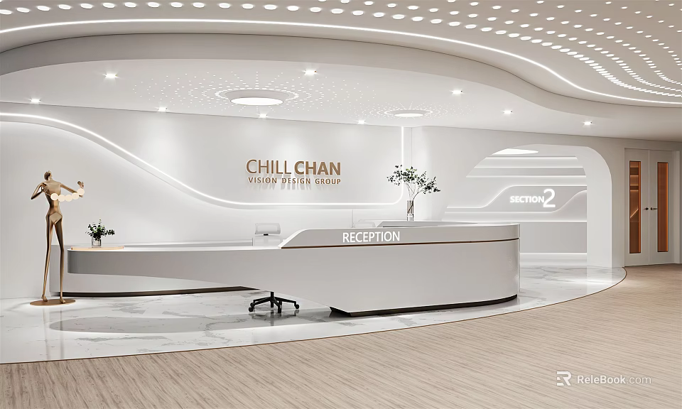 Elegant Modern Reception Desk Curved White Design With Ceiling Light Strips And Decorative Plants 3d model 