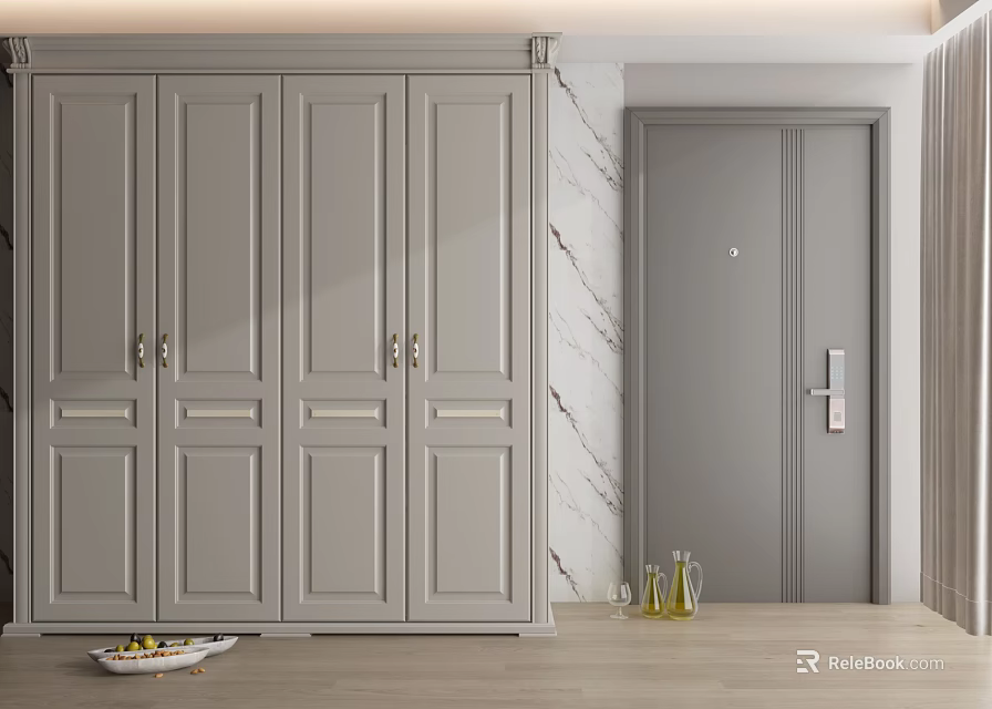 Modern Gray Wardrobe Interior Design With Wooden Floor And Marble Wall 3d model 