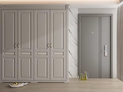 Modern Gray Wardrobe Interior Design With Wooden Floor And Marble Wall 3d model