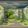 Indoor Nature Scene With Green Trees Grass Path Stone Pillars And Cloud Ceiling 3d model