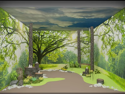 Indoor Nature Scene With Green Trees Grass Path Stone Pillars And Cloud Ceiling 3d model