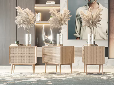 Modern Wooden Rattan Bedside Tables With Pampas Grass Vases And Books In Bedroom Interior 3d model