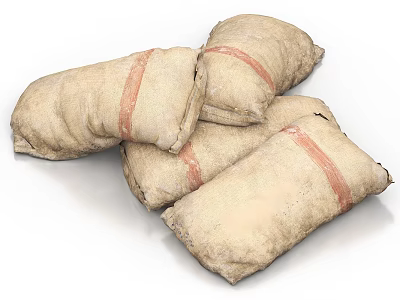 Textured Cloth Sacks With Red Straps Stacked On White Background 3d model