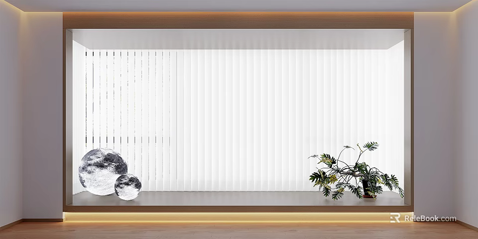 White Pleated Curtains In Modern Interior With Decorative Ornaments And Green Plants 3d model 