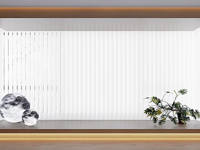 White Pleated Curtains In Modern Interior With Decorative Ornaments And Green Plants 3d model