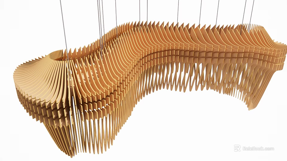 Unique Modern Artistic Wooden Chandelier With Intricate Wavy Design And Hanging Slats 3d model 