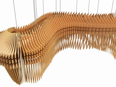 Unique Modern Artistic Wooden Chandelier With Intricate Wavy Design And Hanging Slats 3d model
