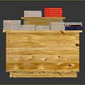 Books And Magazines Displayed On Wooden Stand With Various Stacked Types And Colorful Covers