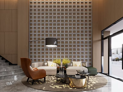 Hotel Lobby Interior Design With Grid Wall Brown Armchair Beige Sofa And Gold Coffee Table 3d model
