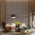 Hotel Lobby Interior Design With Grid Wall Brown Armchair Beige Sofa And Gold Coffee Table