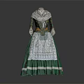 Traditional Green Long Dress with White Lace Apron and Ornate Decorative Details