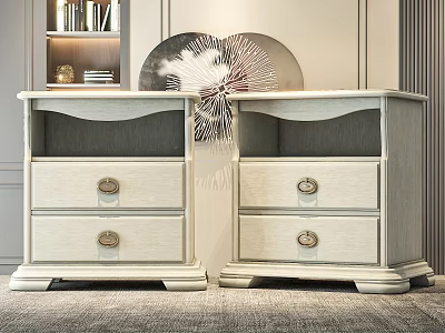 Elegant Light Colored Nightstands With Two Drawers And Metal Knobs In Bedroom Interior 3d model