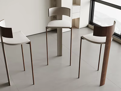 Modern Bar Stools With Wooden Frame And White Seat In Bright Interior Space 3d model