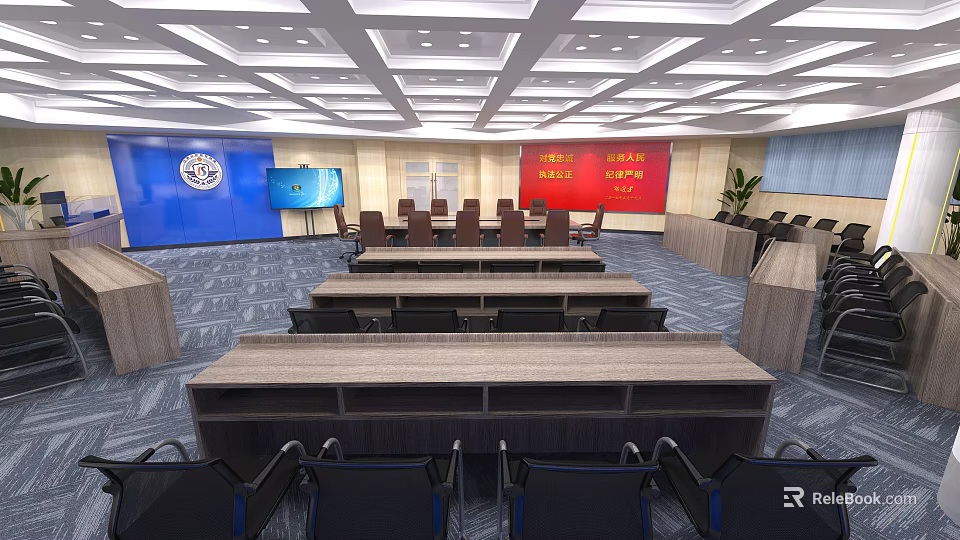 Modern Conference Room With Large Screen Red Blue Background Walls Tables Chairs Chandeliers And Carpet 3d model 