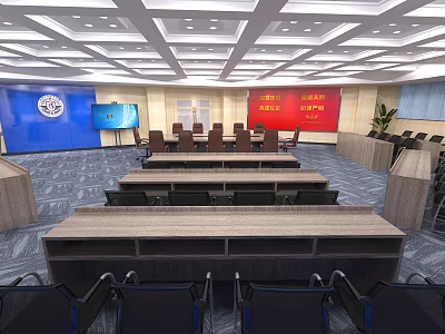 Modern Conference Room With Large Screen Red Blue Background Walls Tables Chairs Chandeliers And Carpet 3d model
