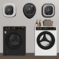 Black and White Washing Machines in Modern Laundry Room with Wall-Mounted Devices and Basket