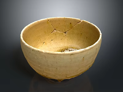 Ancient Yellowish Earthenware Ceramic Bowl With Visible Cracks And Smooth Surface 3d model