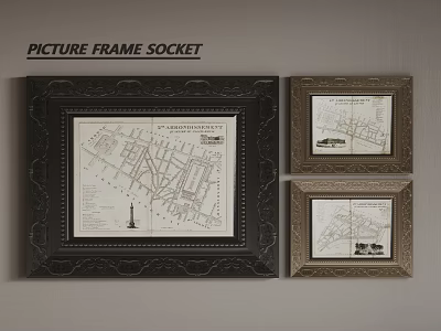 Vintage Picture Frame Socket Set With Black And Gold Frames And Three Vintage Map Prints 3d model