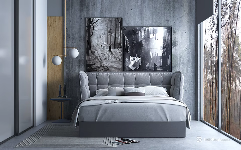 Modern Double Bed with Grey Concrete Wall Black White Paintings Soft Padded Headboard Natural Light 3d model 