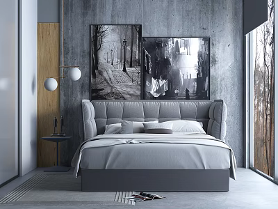 Modern Double Bed with Grey Concrete Wall Black White Paintings Soft Padded Headboard Natural Light 3d model