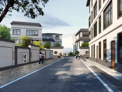 Traditional Chinese Street With Stone Paved Road Pedestrians Traditional Architecture And Trees 3d model