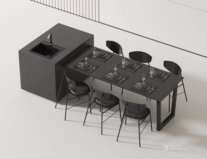 Modern Black Bar Counter Design With Black Chairs And Table Settings 3d model 