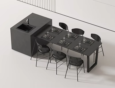 Modern Black Bar Counter Design With Black Chairs And Table Settings 3d model