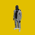 Male Model In Gray Hooded Jacket Black Shirt Gray Pants White Shoes Standing Gray Background
