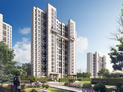 Modern High Rise Residential Buildings With Lush Gardens And Clear Sky 3d model