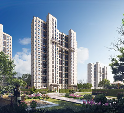 Modern High Rise Residential Buildings With Lush Gardens And Clear Sky 3d model