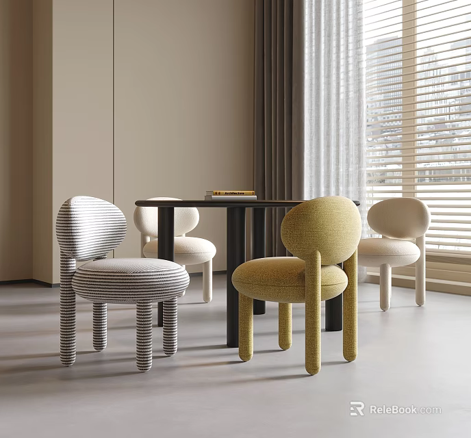 Modern Interior With Round Black Table And Yellow Striped Light Colored Chairs 3d model