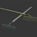 Two Crossed Vintage Garden Rakes with Wooden Handles and Metal Tines as Decorative Accents