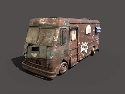 Rusty Old Food Truck With Weathered Exterior Worn Windows And Vintage Signage 3d model