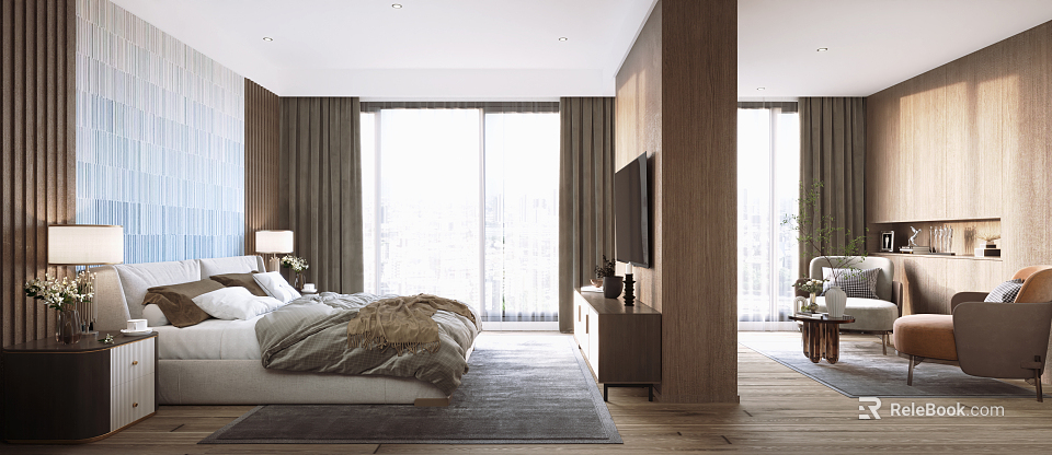 Modern Hotel Room Interior With King Bed Floor to Ceiling Windows and Wooden Furniture 3d model 