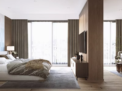 Modern Hotel Room Interior With King Bed Floor to Ceiling Windows and Wooden Furniture 3d model