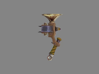Vintage Mechanical Weapon With Brass Horn Wooden Grip And Intricate Metal Structure Design 3d model