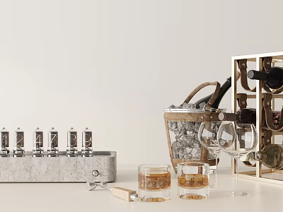 Minimalist Wine Rack Display With Wine Bottles Glasses Ice Bucket And Whiskey Glasses 3d model