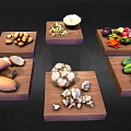 Various Fresh Ingredients Including Mushrooms Nuts And Vegetables On Wooden Trays