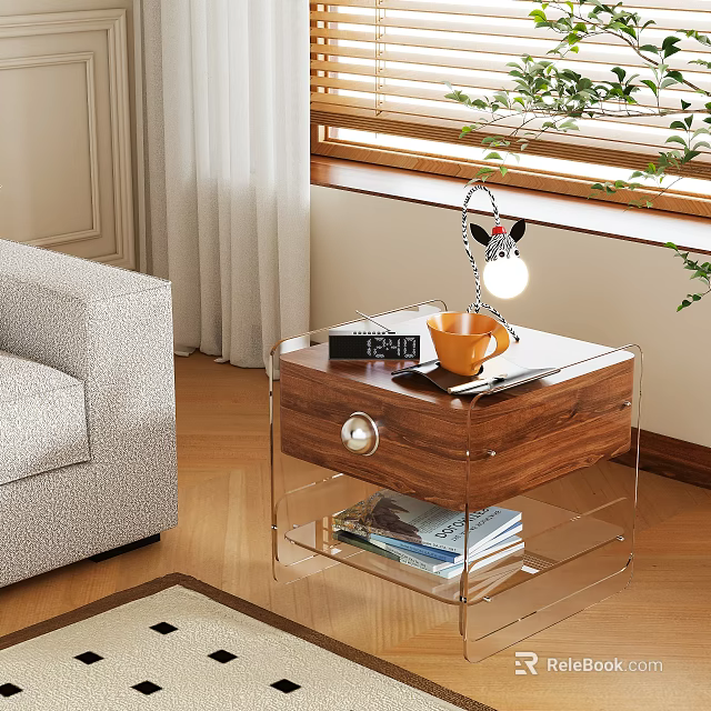 Bedside Table Wooden And Transparent Design With Lamp Cup Alarm Clock Drawer And Magazines In Interior 3d model 