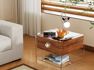 Bedside Table Wooden And Transparent Design With Lamp Cup Alarm Clock Drawer And Magazines In Interior 3d model