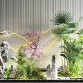 Serene Garden Ornamental Display With Rockery Palm Leaves Cherry Blossom And Curved Lighting