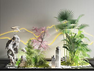 Serene Garden Ornamental Display With Rockery Palm Leaves Cherry Blossom And Curved Lighting 3d model