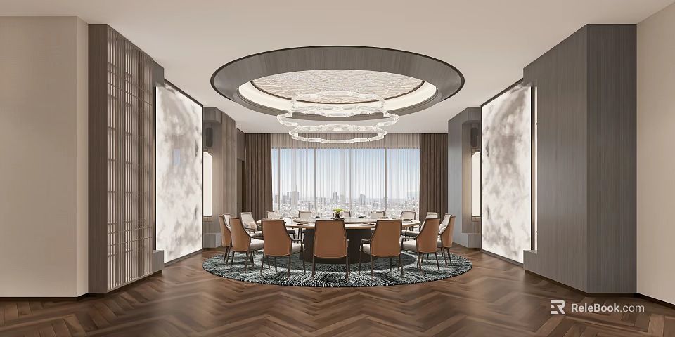 Luxurious Private Dining Room Interior With Round Table Chandelier And Windows 3d model