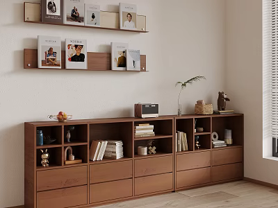 Modern Wooden Bookcase With Stacked Books Storage Drawers And Framed Photos On Wall Shelves 3d model
