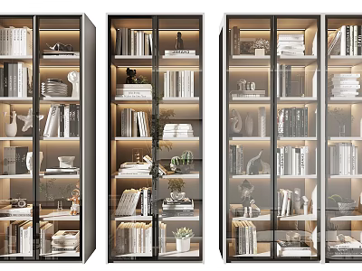 Modern Glass Door Bookcase Multi Shelf Display With Books Decorative Items Green Plants And Plates 3d model